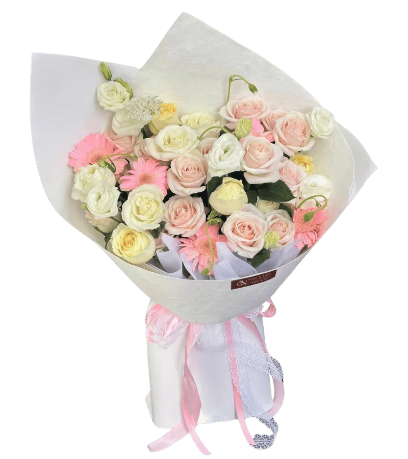 Bó Hoa Hồng Pastel Phối Cúc Đồng Tiền