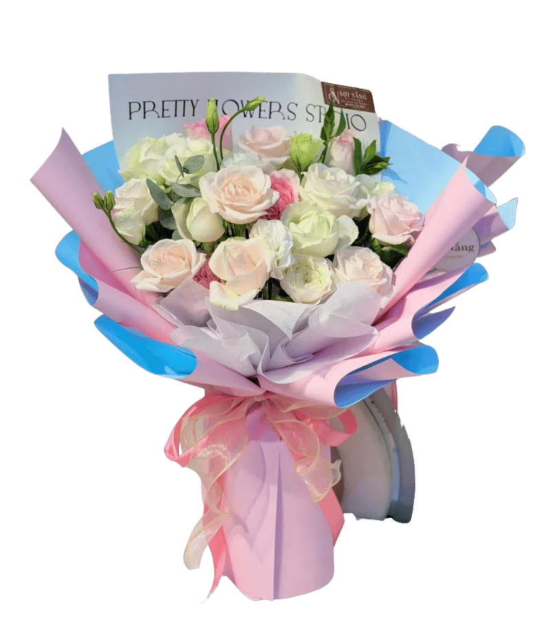 Bó Hoa Hồng Trắng Phối Hồng Pastel