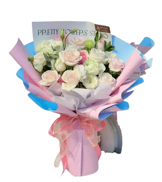 Bó Hoa Hồng Trắng Phối Hồng Pastel