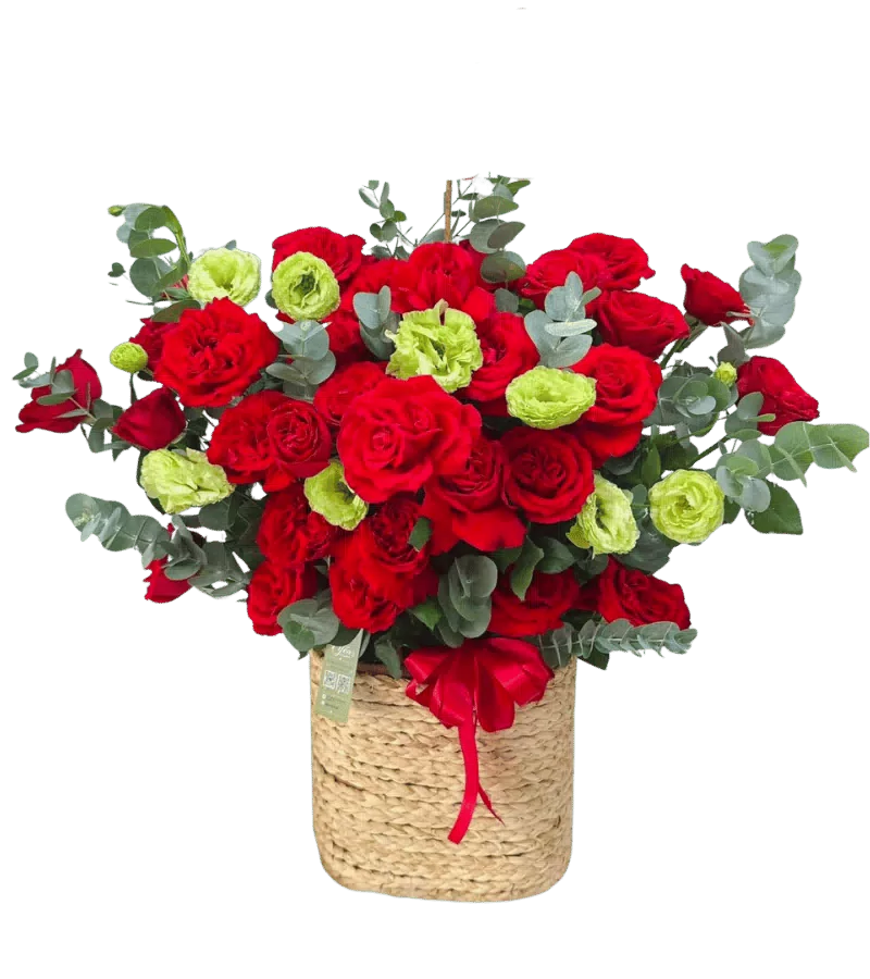Giỏ Hoa Hồng Đỏ Mix Cát Tường Xanh