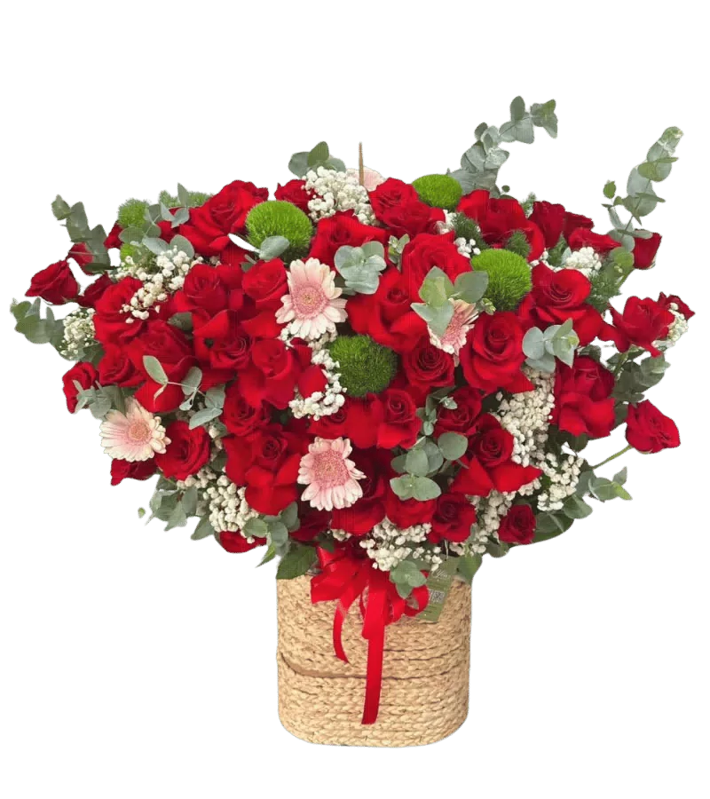 Giỏ Hoa Hồng Đỏ Mix Hoa Đồng Tiền