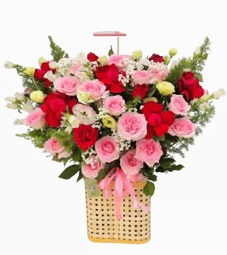 Giỏ Hoa Hồng Đỏ Phấn Mix Baby