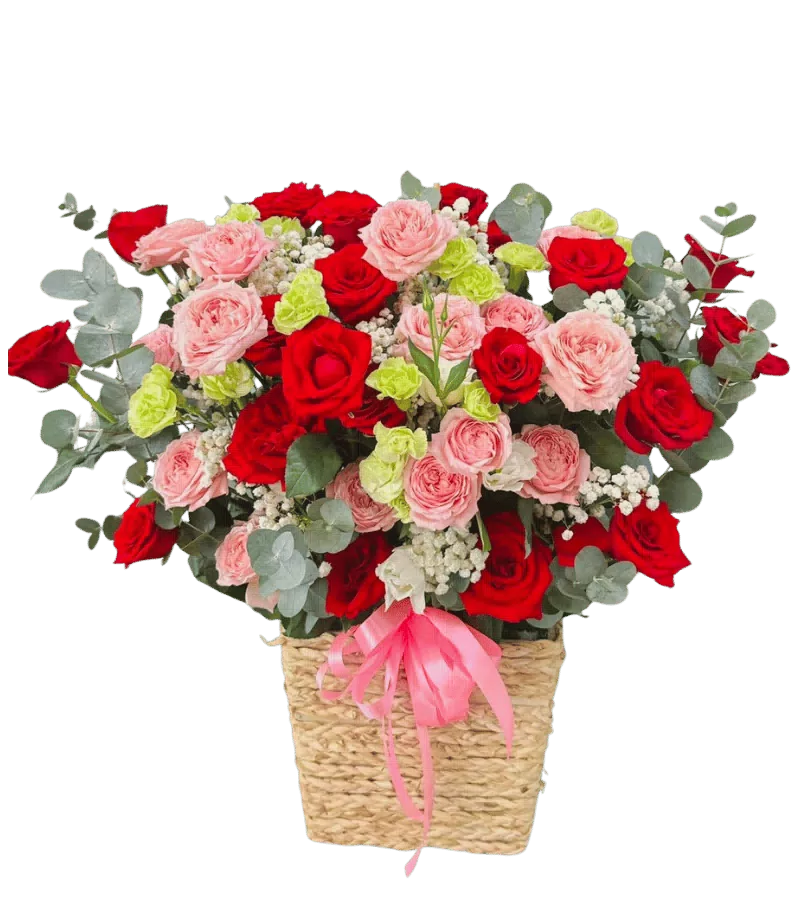 Giỏ Hoa Hồng Đỏ Phấn Mix Cát Tường