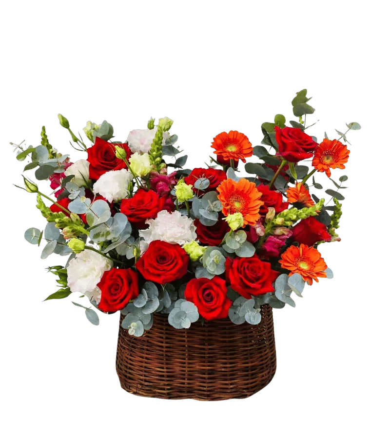 Giỏ Hoa Hồng Đỏ Phối Đồng Tiền Cam