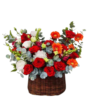Giỏ Hoa Hồng Đỏ Phối Đồng Tiền Cam