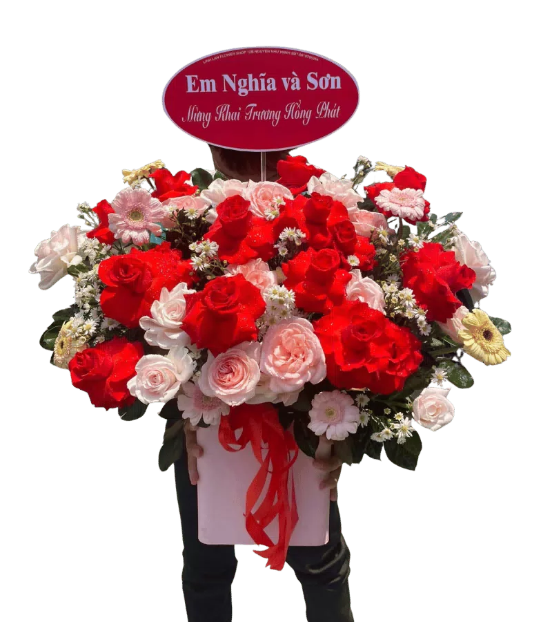 Giỏ Hoa Hồng Đỏ Phối Hồng Phấn Khai Trương
