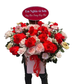 Giỏ Hoa Hồng Đỏ Phối Hồng Phấn Khai Trương