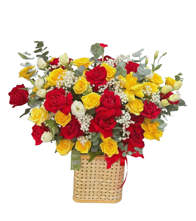 Giỏ Hoa Hồng Đỏ Vàng Mix Cát Tường