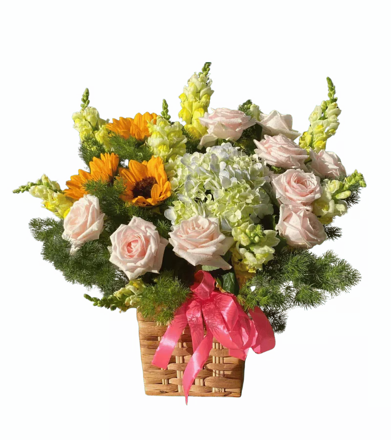 Giỏ Hoa Hồng Phấn Hướng Dương
