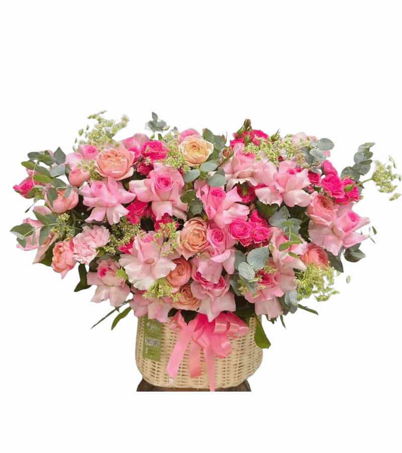 Giỏ Hoa Hồng Phấn Mix Cát Tường