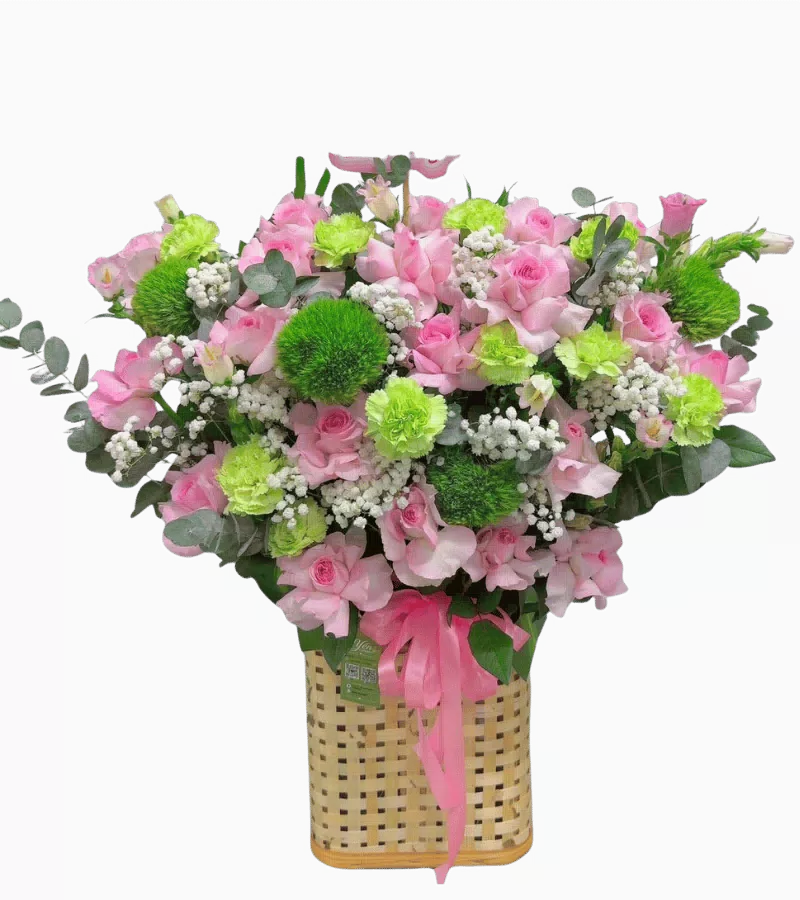 Giỏ Hoa Hồng Phấn Mix Cát Tường Xanh