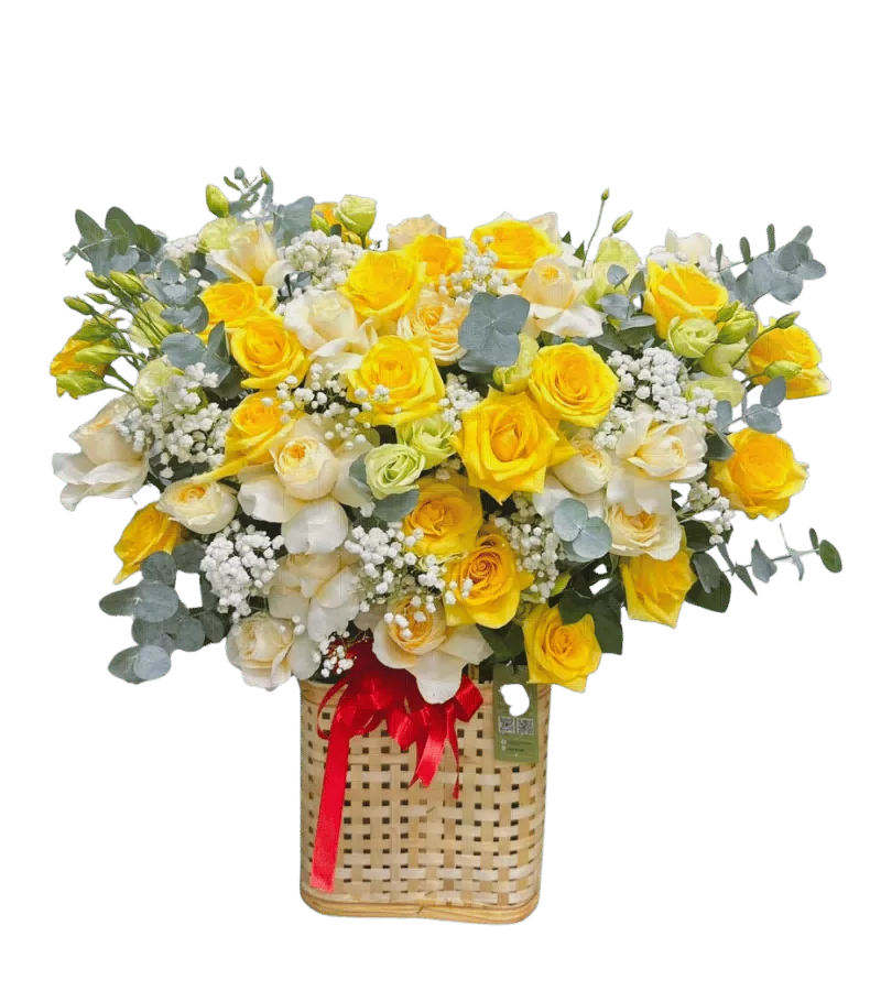 Giỏ Hoa Hồng Vàng Trắng Mix Cát Tường