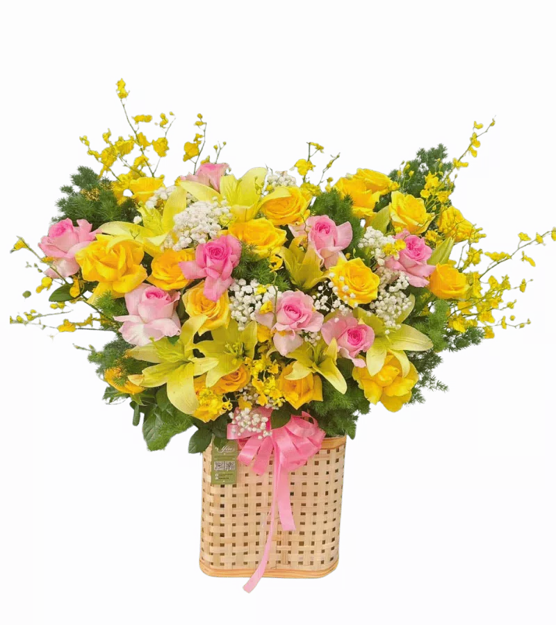 Giỏ Hoa Lan Vũ Nữ, Ly Vàng Mix Hồng Phấn