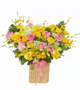 Giỏ Hoa Lan Vũ Nữ, Ly Vàng Mix Hồng Phấn