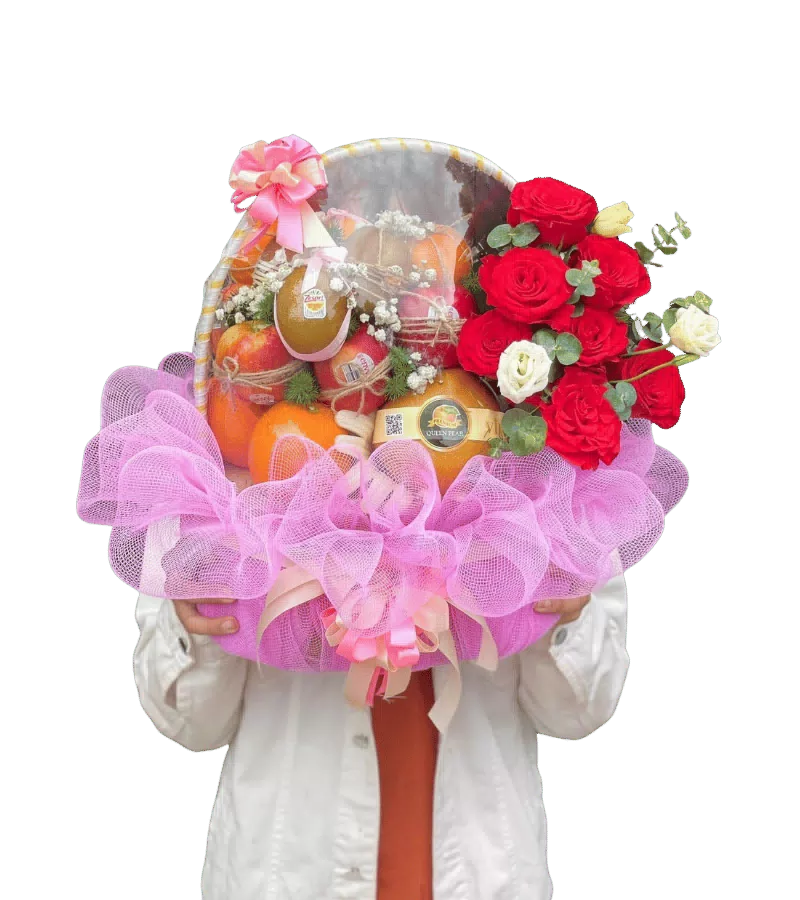 Giỏ Trái Cây Hoa Hồng Đỏ Chúc Mừng Sang Trọng