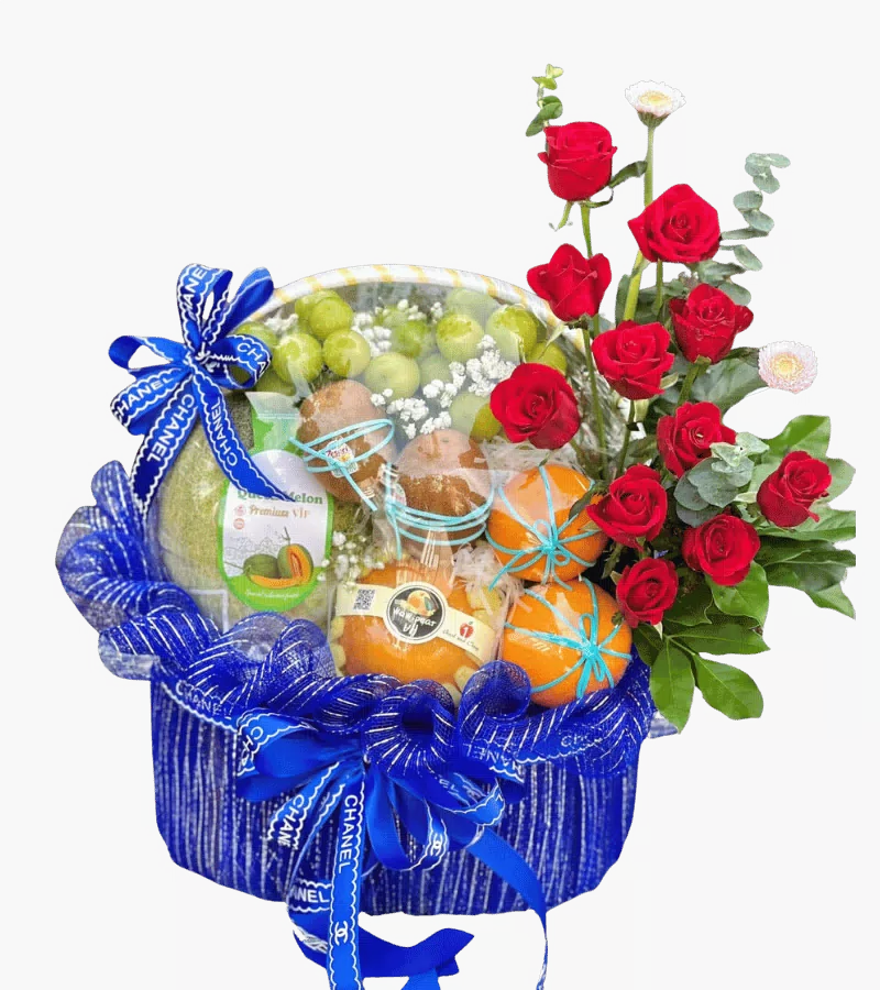 Giỏ Trái Cây Khai Trương Sang Trọng Ruy Băng Xanh Hoa Hồng Đỏ