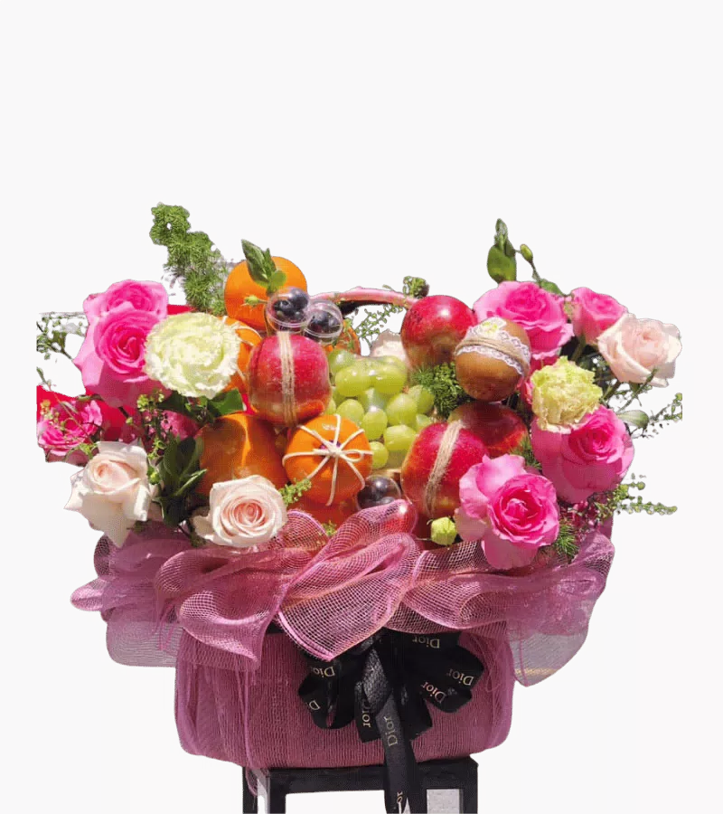 Giỏ Trái Cây Phối Hoa Hồng Tông Hồng Sang Trọng