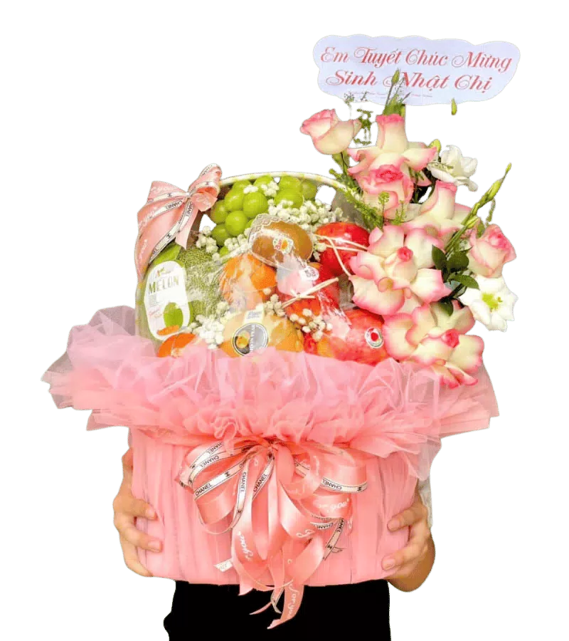 Giỏ Trái Cây Sinh Nhật Tông Hồng Pastel Sang Trọng