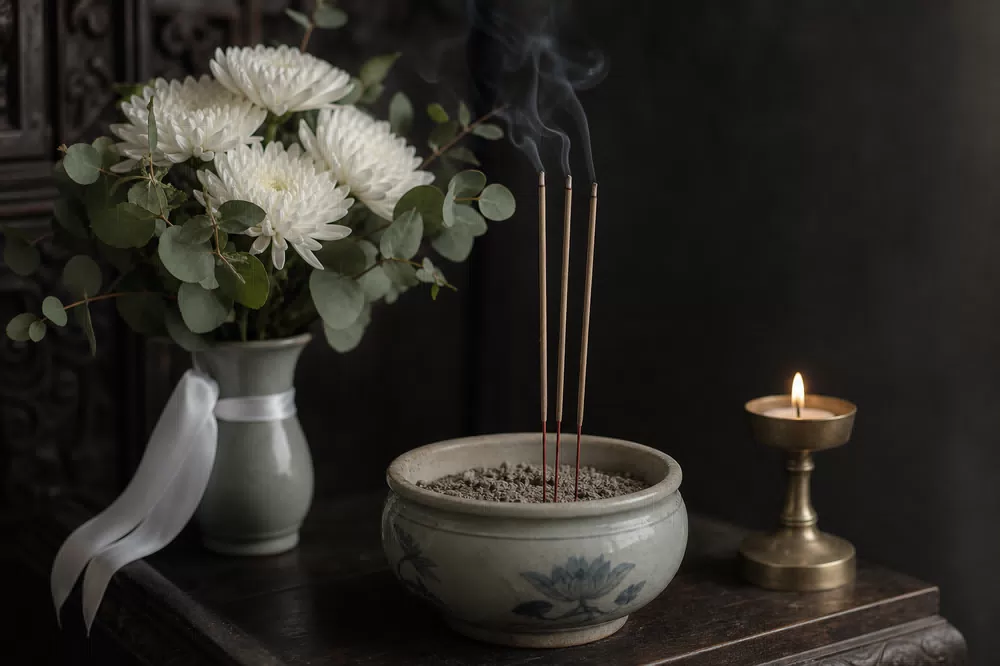 Thắp nén nhang viếng người đã khuất bên bình cúc trắng